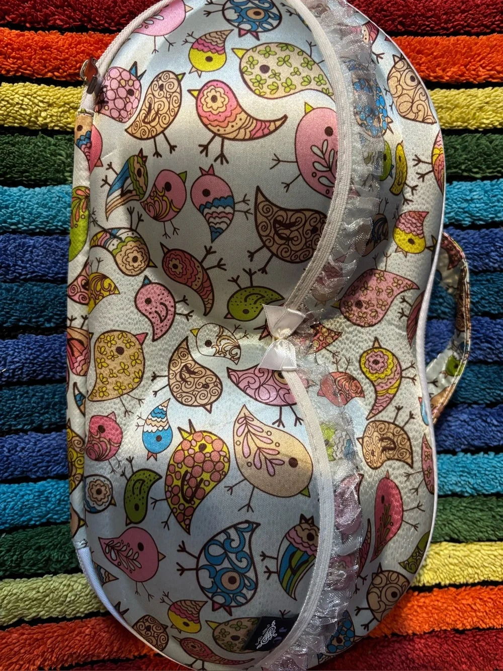 Bird-Print Bra Travel Case - Pink, Blue, Green, Yellow